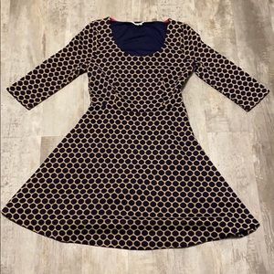 BODEN SCOOP NECK CAMEL & NAVY POLKA DOT DRESS!